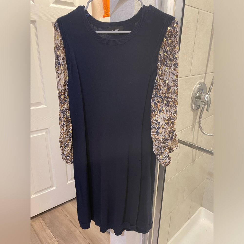 Dark Blue Dress with Printed Puff Sleeves